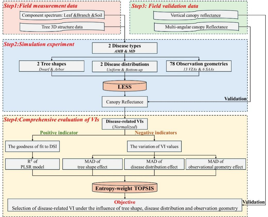 图1 耦合三维辐射传输模型LESS和熵权TOPSIS模型定量评估树形、病害分布模式和观测几何对病害植被指数混合影响的技术路线图。.png